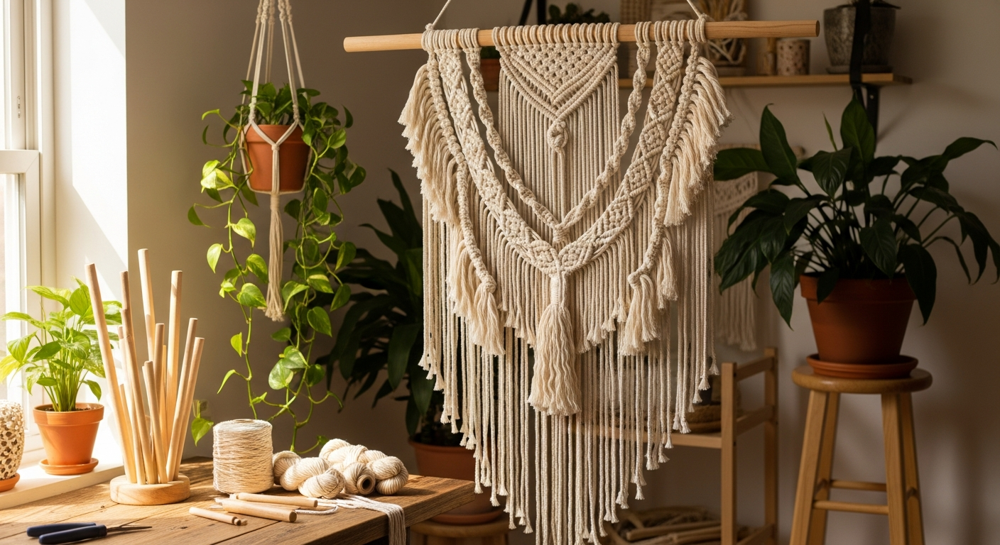 Cream macramé wall hanging on a warm beige wall