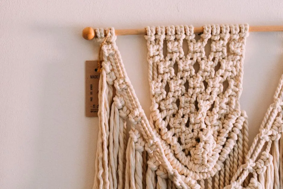 Handmade macramé knotwork in natural cotton cord